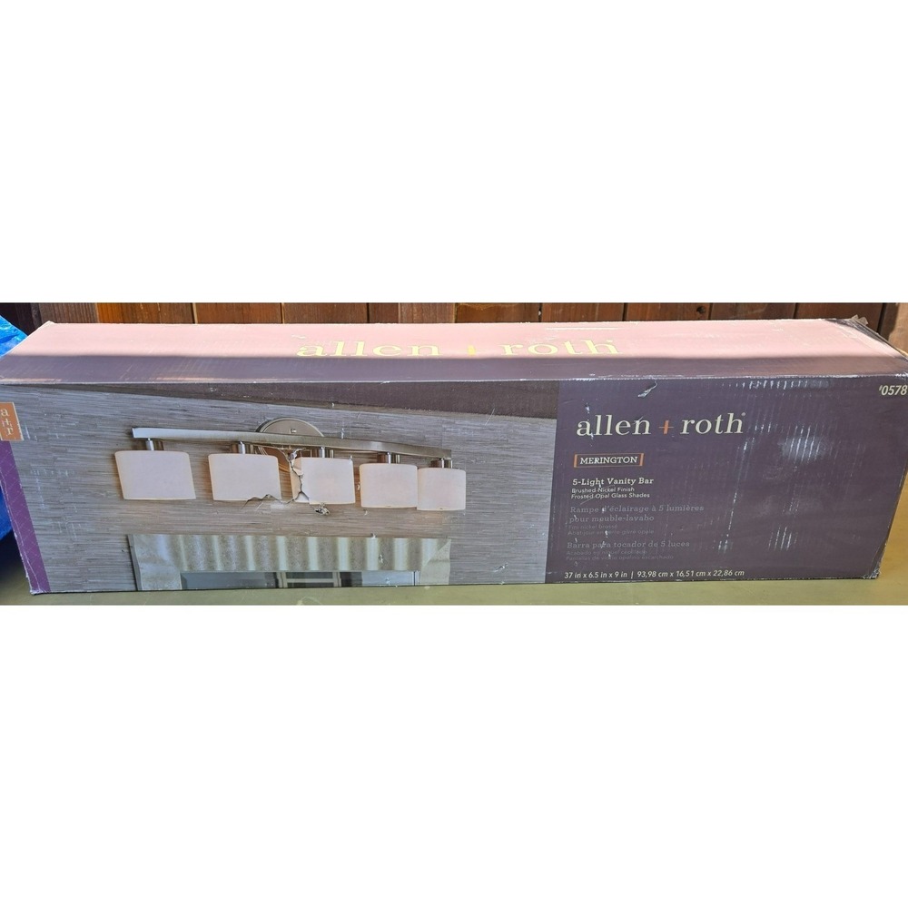 allen + roth Merington 5 Light Vanity Bar Brushed Nickel Frosted Opal Glass 37in